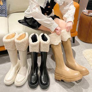 Fluffy Trim Platform Block Heel Knee-high Boots