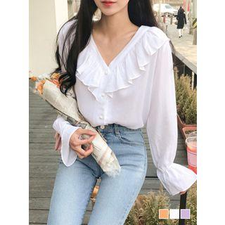 Ruffle-collar Bell-sleeve Silky Blouse