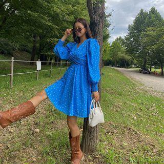 Balloon-sleeve Shirred Floral Dress