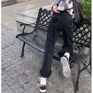 Heart Pattern Straight-cut Fleeced Jeans