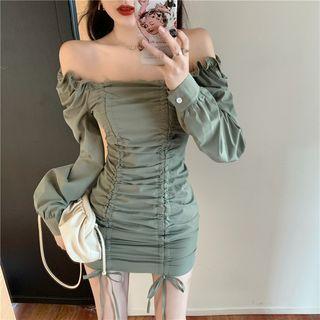 Off-shoulder Drawstring Long-sleeve Mini Dress