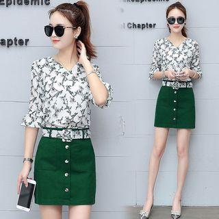 Set : Print Elbow-sleeve Top + Mini Skirt