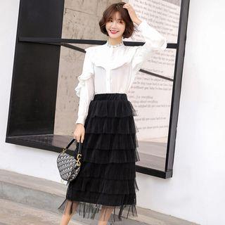 Set: Frill-trim Shirt + Tiered Midi Skirt