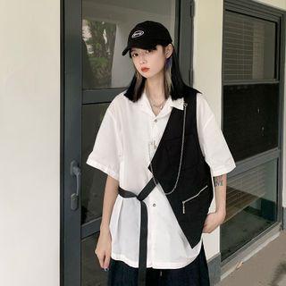 Set: Short-sleeve Shirt + Asymmetrical Vest + Chain Set Of 3 - Shirt & Vest & Chain - Black & White - One Size