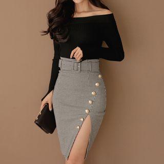 Off Shoulder Knit Pullover / Slit Sheath Skirt