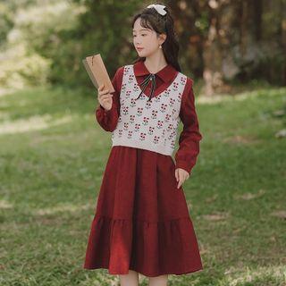 Midi A-line Shirtdress / Floral Sweater Vest / Set