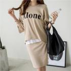 Set: Dip-back Lettering Sweatshirt + Band-waist Miniskirt