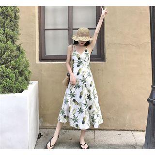 Pineapple Print Spaghetti Strap Midi A-line Dress