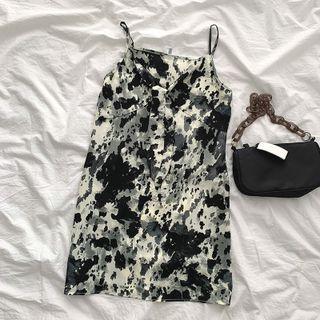 Spaghetti Strap Print Mini Dress Black & White - One Size