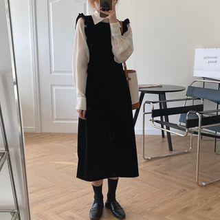 Plain Shirt / Ruffle Trim Overall Dress