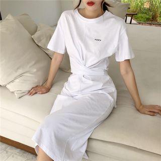 Short-sleeve Tie-back Lettering Midi T-shirt Dress