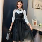 3/4-sleeve Shirt / Spaghetti Strap Dress / Ribbon Bow / Set