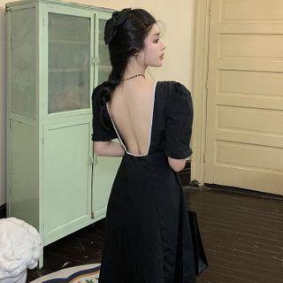 Puff-sleeve Open-back Plain A-line Dress