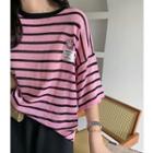 Elbow-sleeve Smiley Face Embroidered Striped Knit Top