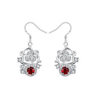 Elegant And Fashion Flower Earrings With Red Cubic Zircon Silver - One Size