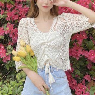 Elbow-sleeve V-neck Plain Cut-out Drawstring Top