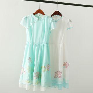 Short-sleeve Embroidered Midi Chiffon Qipao