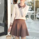 Set: Collared Long-sleeve Knit Top + Knitted A-line Skirt