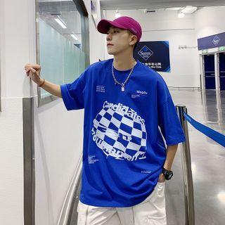 Elbow-sleeve Checkerboard Lettering T-shirt