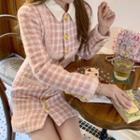 Long-sleeve Button-up Plaid Mini Dress