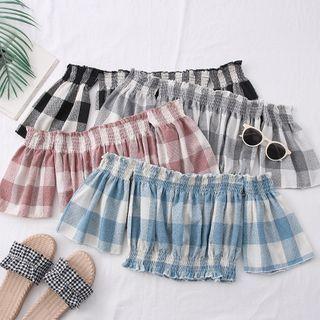 Boatneck Ruffled Plaid Crop Top