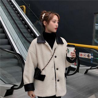 Faux Leather Panel Fleece Jacket As Shown In Figure - One Size