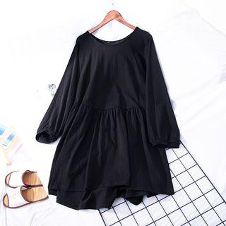 Plain Long-sleeve A-line Dress Black - One Size