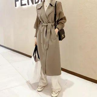 Knit-sleeve Double-breasted Coat With Sash