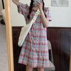 Short-sleeve Plaid Mini A-line Shirtdress As Shown In Figure - One Size
