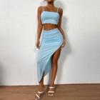 Set Of 2: Spaghetti-strap Cutout Crop Top + Slit Skirt