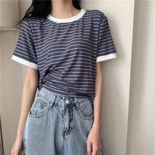 Short-sleeve Contrast Trim Stripe T-shirt