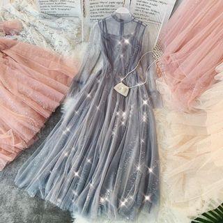 Set: Slipdress + Long-sleeve Sheer A-line Maxi Dress
