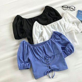 Puff-sleeve Lace Up Crop Top