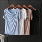 Plain Short-sleeve Asymmetric Shirred T-shirt