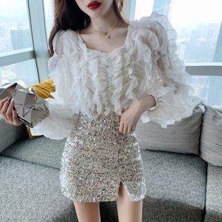 Ruffle Trim Blouse / Sequined Mini Skirt