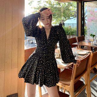 Lantern-sleeve Star Print Mini A-line Dress