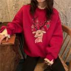 Long-sleeve Deer Embroidered Panel Sweatshirt Red - One Size