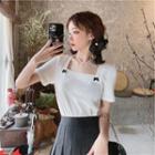 Short-sleeve Square-neck Ribbon Knit Top / Pleated Mini A-line Skirt