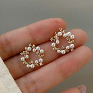 Rhinestone Alloy Earring 1 Pair - Gold & White - One Size