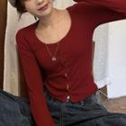 Long-sleeve Scoop-neck Button-up Knit Top
