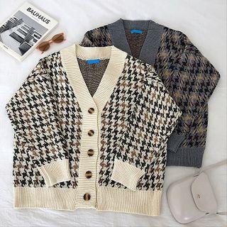Houndstooth V-neck Single-breasted Long-sleeve Cardigan