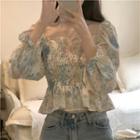 Bell-sleeve Floral Print Blouse Flowers - Almond - One Size