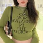 Long-sleeve Lettering Fitted Crop Top Green - One Size
