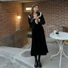 Lace Peter Pan Collar Velvet Dress Black - One Size