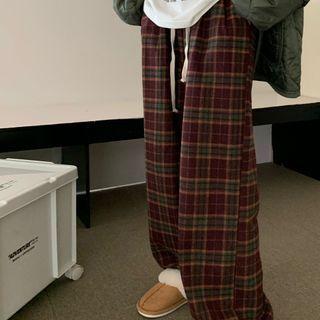 Plaid Wide Leg Pants Dark Red - One Size