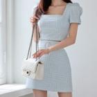 Set: Short-sleeve Square-neck Check Crop Top + Belted Mini A-line Skirt