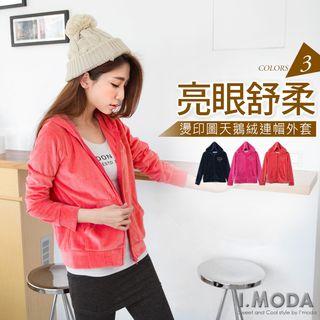 Embroidery Zip Velvet Hoodie