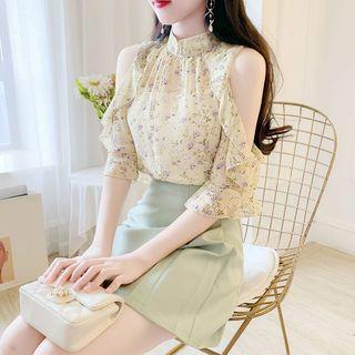 Floral Print Cold-shoulder Elbow-sleeve Blouse / Mini A-line Skirt / Set