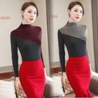Two-tone Long-sleeve T-shirt / Ruffle Hem High-waist Pencil Skirt
