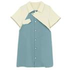 Short-sleeve Color Block Asymmetric Buttoned A-line Mini Dress